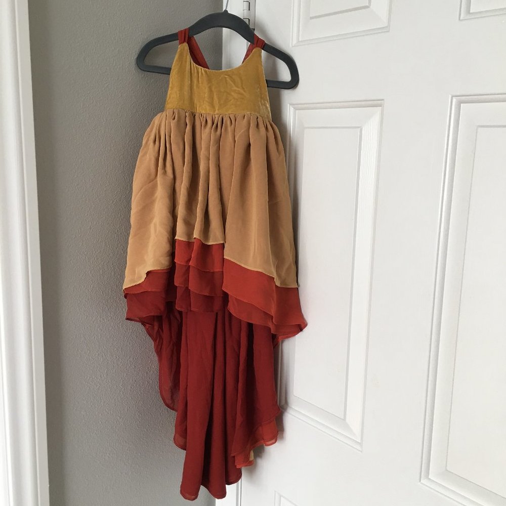 Pleiades gold velvet top, gold & rust chiffon layered skirt, adjustable straps